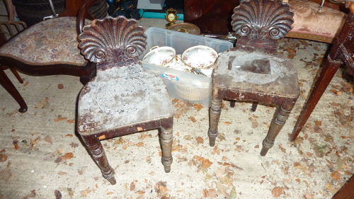 antique Regency Hall chairs badly burnt